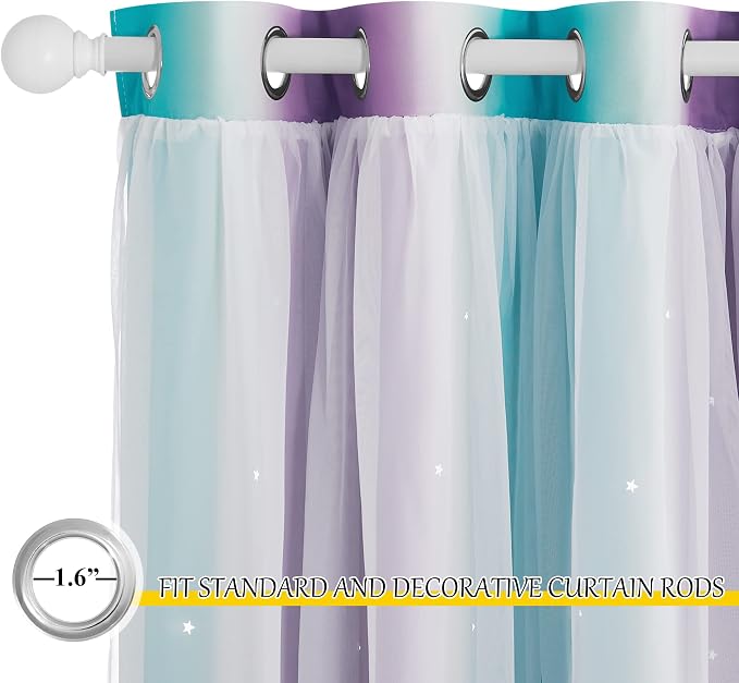 NICETOWN Star Cut-Out Blackout Curtains for Bedroom 2 Panels,2-Layers Mix Design of Fabric & Tulle, Kids Window Curtain for Nursery Living Room,W34 x L84, 2 Panels, Teal & Purple