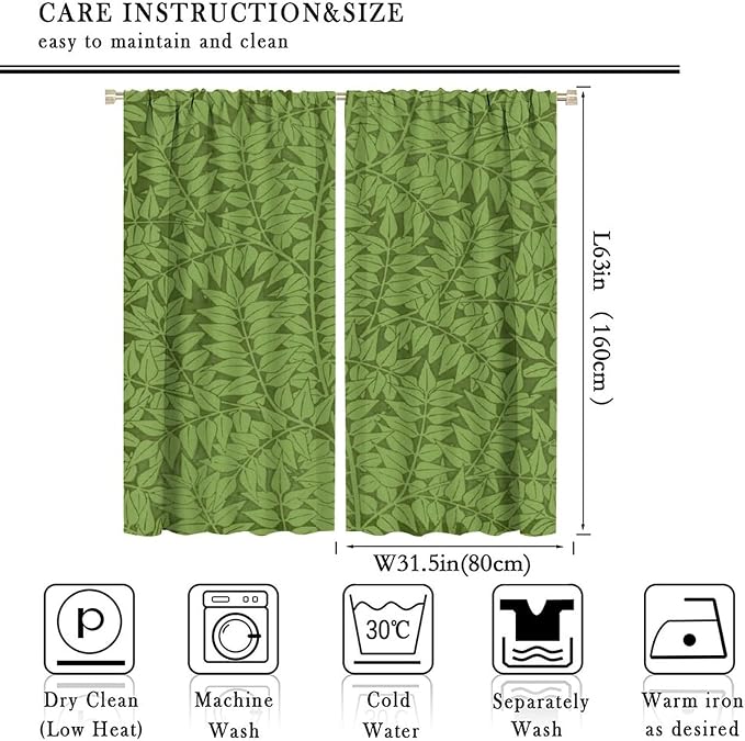 Bohemia Retro William Morris Art Blackout Window Curtains, Flowers Foliage on Green Background Curtains, for Living Room Bedroom 31.5(W)*63(L) 2 Panels