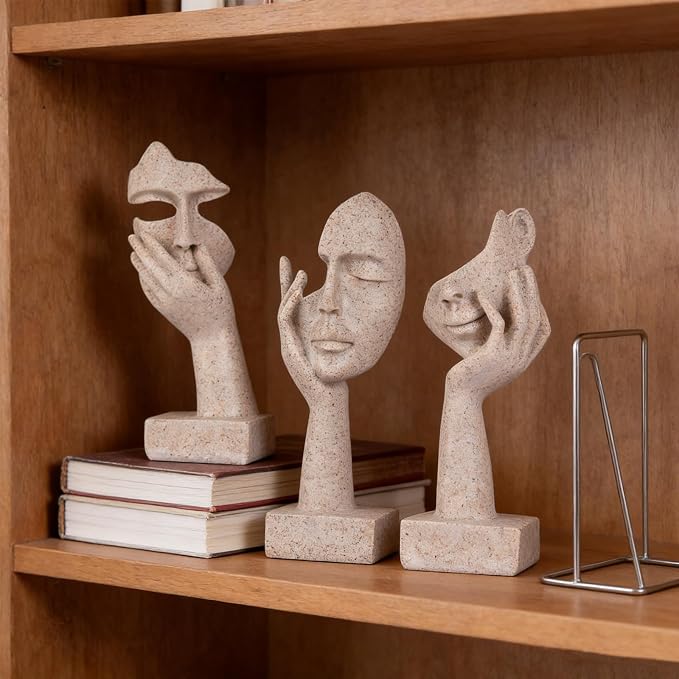 3 Pcs Thinker Statue - Resin Art Abstract Home Accent Figurines for Decor Apartment Bookshelf Floating Shelf Living Room Coffee Table Office Desk Counter Decor (3 Pcs Sandstone, 6")