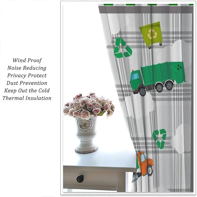 Truck Blackout Curtain,Boys Kids Cartoon Green Garbage Cars Pattern Print Window Curtains for Dining Room Living Room Kitchen Cafe Bedroom Office Drapes,52x84 in