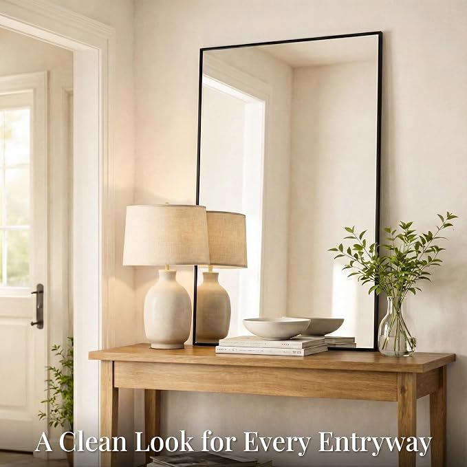 48"x30" Matte Black Large Framed Bathroom Vanity Wall Mirror | Large Vanity Wall Mirror, Slim Metal Frame, Dresser, Sideboard Use, Vertical, Horizontal Mount, Tempered Glass