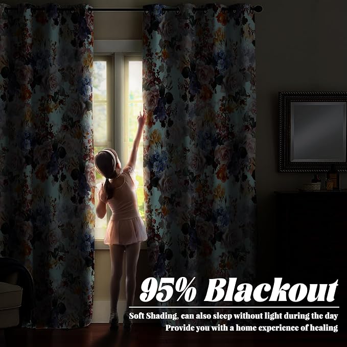 Renaiss Flower Blossom Curtains Watercolor Floral Painting Thermal Insulated Window Curtains for Living Room Bedroom Blackout Window Drapes Grommet Top 42W x 96L Inch 2 Panel Set