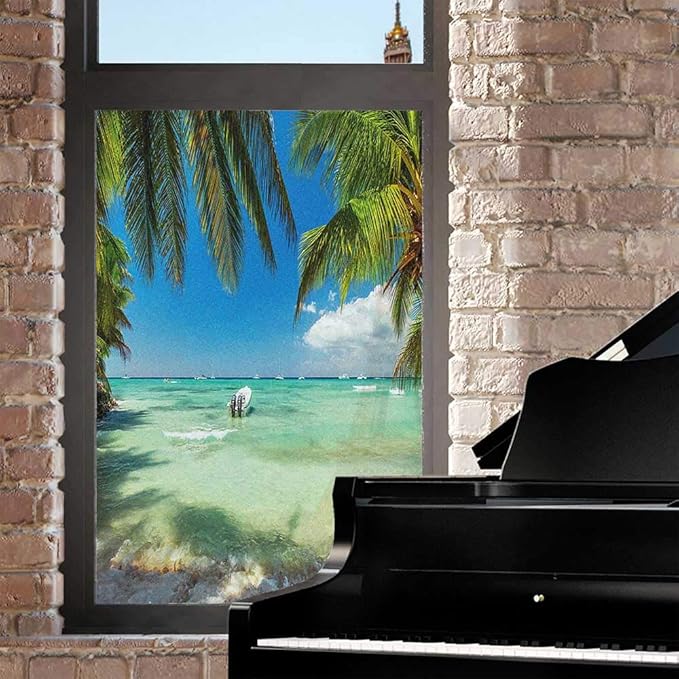 Tropical Window Film, Palm Paradise Privacy Static Cling, Seascape & Botanical Design, UV Blocking Removable Cover for Home Office Bathroom, Fern Green 90x200cm/35.4x78.7in