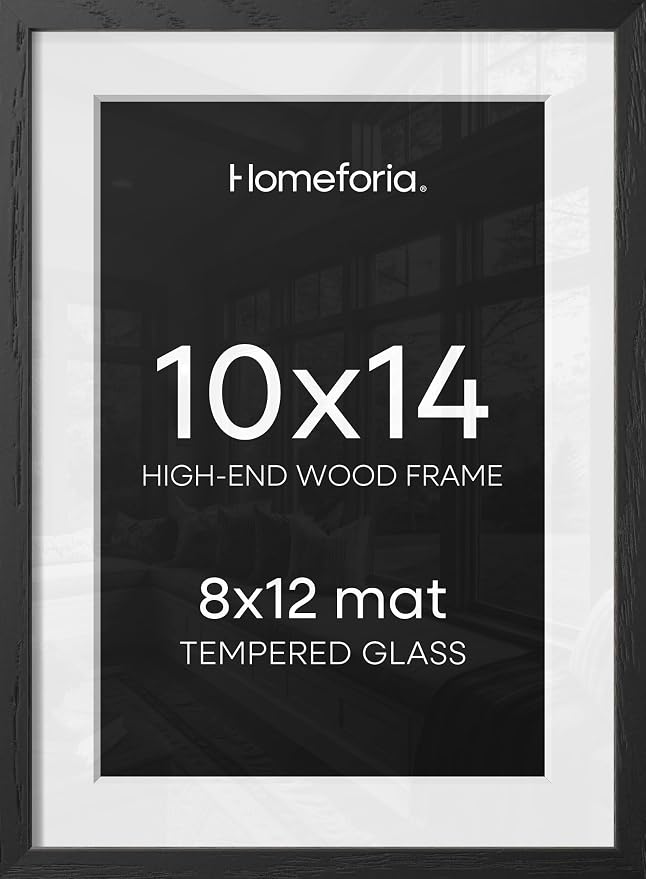 Homeforia 10x14 Picture Frame Black Wood, High End Oak 10x14 Poster Frames with Mat 8x12, 10 x 14 Wooden Frame Matted to 8 x 12 inch Photo, 14x10 Thin Hanging Frame, Tempered Glass, Wall Kit, Set of 1