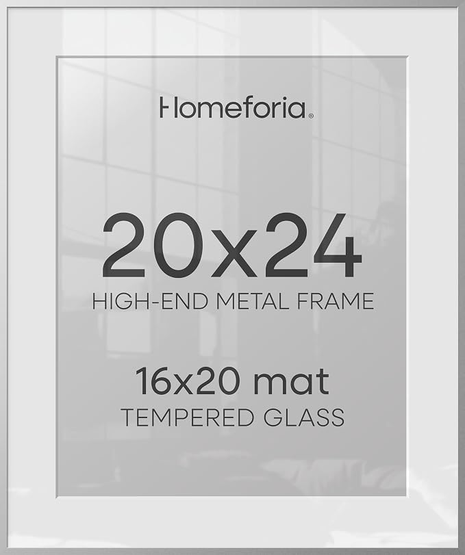 Homeforia 20x24 Picture Silver Frame, High End Metal 20 x 24 Poster Frames with Mat 16 by 20 for Photo, 20x24 Silver Frame Matted to 16x20 Art, 24x20 Hanging Frames, Tempered Glass, Wall Kit, Set of 3
