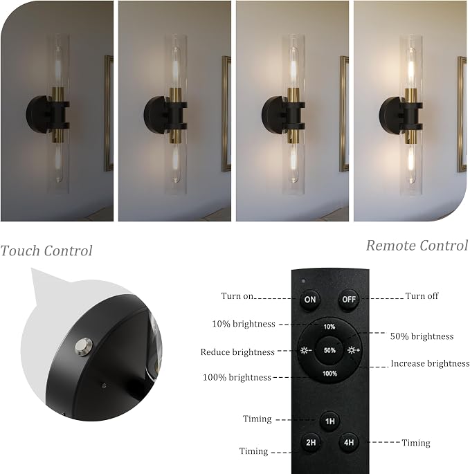Rayogale Black & Gold Wireless Battery Operated Wall Sconce with Remote | Dimmable Rechargeable Wall Lights Set of 2, Timer, No Hardwire, Touch Control, 8000mAh, 3000K, Glass, Emergency, 16.5 Inch