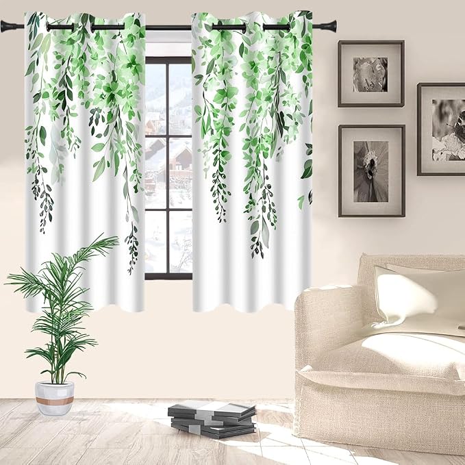 Green Watercolor Floral Curtains, Botanical Leaves Vine Flowers Curtain, Rustic Farmhouse Flower Leaf Blackout Window Treatment Drapes for Bedroom Living Room 42x63 inch, 2 Panels