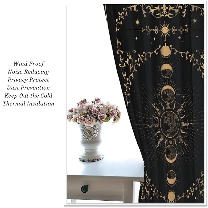 Sun Moon Blackout Curtains, Retro Bohemian Gold Sun Moon Stars Magic Art Window Treatment Drapes for Bedroom Living Room 52" W X 84" L