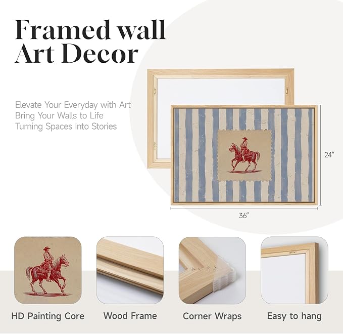 Large Framed Western Cowboy Wall Art for Living Room, Vintage Farmhouse Horse Canvas Prints Paintings, Blue Striped Country Picture Artwork Decor for Bedroom Entryway 36x24 Inch