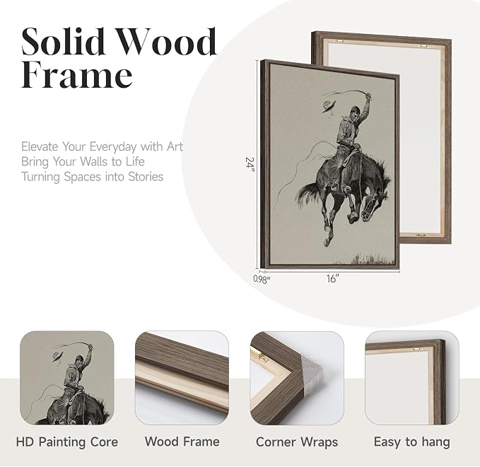 Framed Large Western Cowboy Wall Art for Living Room, 2 Piece Vintage Farmhouse Canvas Prints Paintings, Sketch Style Southwestern Country Picture Artwork for Bedroom Hallways Wall Decor, 16x24 Inch
