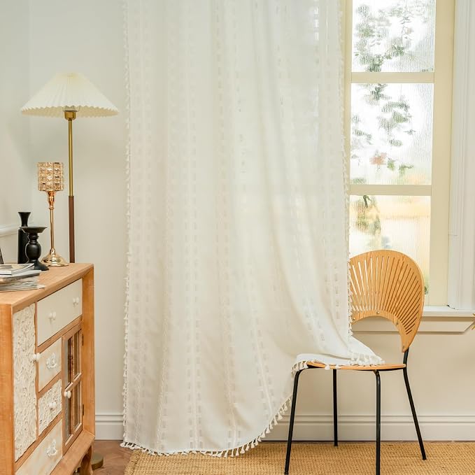 Deeprove White Cream Boho Curtain 72 inches Length for Living Room Bedroom Nursery, Bohemian 72 inches Long, Geometric Stripe Embroidery Privacy Window Fringe Decoration W52 x L72, Single 1 Panel