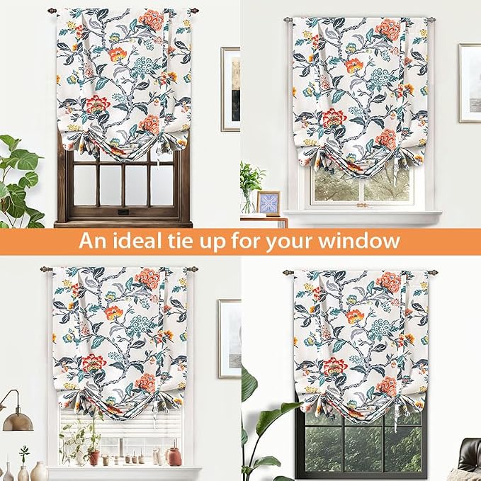 DriftAway Ada Floral Botanical Print Flower Leaf Lined Thermal Insulated Room Darkening Blackout Tie Up Window Curtains 2 Layers Each 25 Inch by 47 Inch Ivory Orange Teal