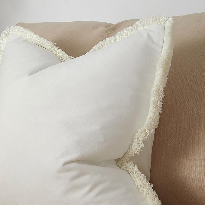 JUSPURBET Pack of 2 Cream Decorative Fringe Velvet Lumbar Throw Pillow Covers 12x20 for Home Decor Living Room Bedroom Car Boho Soft Cushion Cover with Hidden Zipper Machine Washable