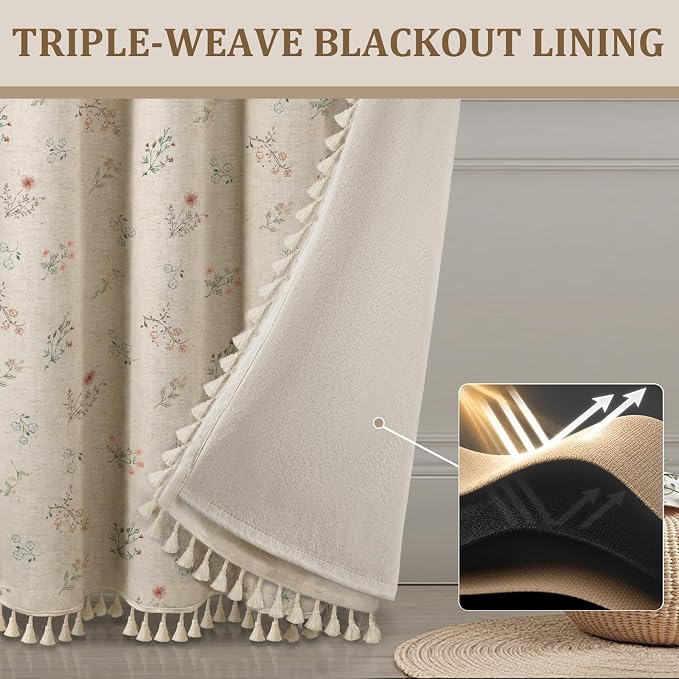 Boho Floral 100% Blackout Curtains for Bedroom 84 Inch Length 2 Panels Set, Linen Texture Farmhouse Curtains Beige Tassel for Living Room Vintage Rustic Patterned Printed Western Rod Pocket