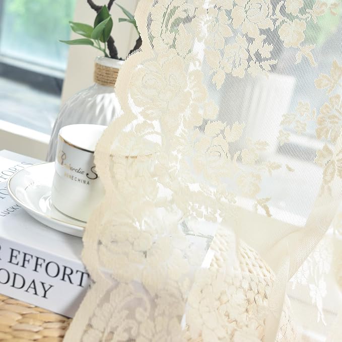 Kotile Beige Lace Curtains 30 Inch Length 2 Panels Set, Country Rustic Floral Vintage Lace Kitchen Window Curtains Over Sink, Rod Pocket Privaciy Short Sheer Lace Café Curtains, Each 52 x 30 Inch