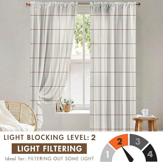 Plaid Curtains 84 inches Long for Bedroom,Farmhouse Gingham Curtains 84 Inches Long for Living Room,Beige Taupe Rustic Gingham Checkered Rod Pocket Light Filtering Stripes Privacy Drapes 2 Panels