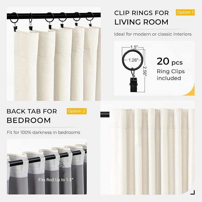 INOVADAY 100% Blackout Curtains for Bedroom, Black Out Curtains 96 Inch Long, Clip Rings Linen Blackout Drapes, Thermal Insulated Room Darkening for Living Room, 2 Panels - Lightcream,W50xL96