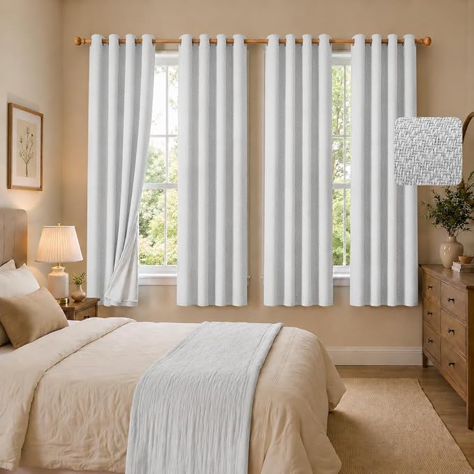 4 Panels 100% Blackout Linen-Textured Curtains, Thick Thermal Insulated Grommet Drapes with Subtle Herringbone Weave, Luxury Decor for Bedroom/Living Room, 54 x 63 Inches, Off-White