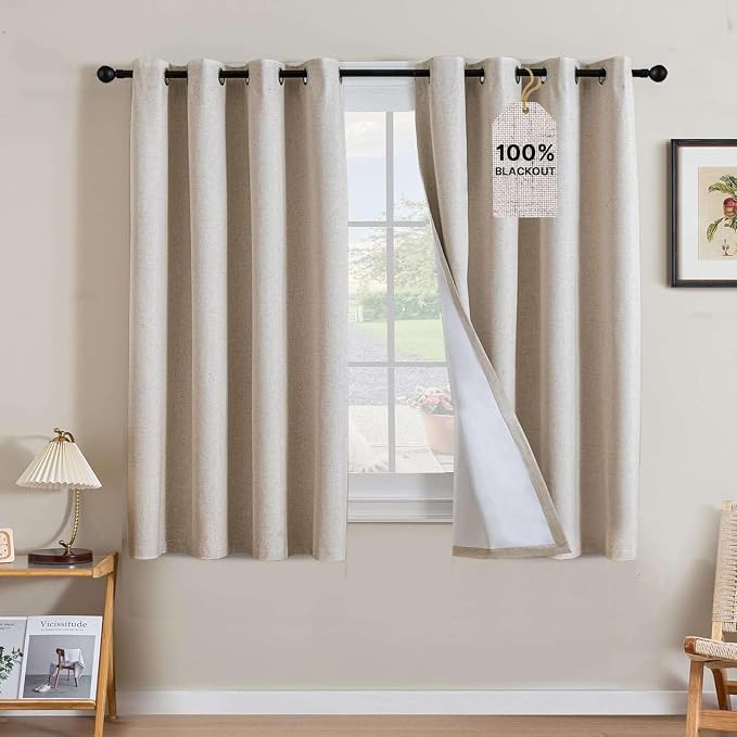 H.VERSAILTEX Linen Curtains 100% Blackout Curtains for Bedroom 54 inch Long Full Light Blocking Nature Linen Blended Window Curtains for Living Room Nickel Grommet (2 Panels, Heathered Natural)