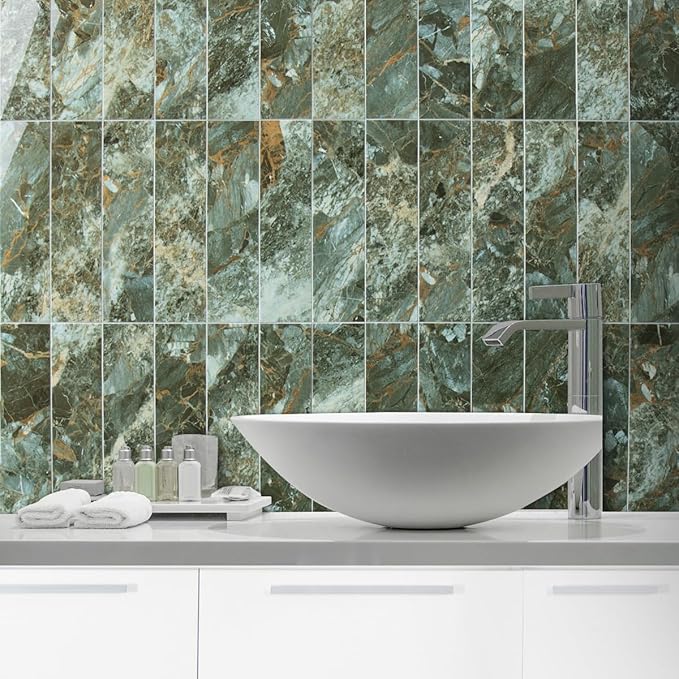 AULIGET 40-Piece Polished Green Marble with Gold Peel and Stick Backsplash Wall Tiles, 3" x 12" PVC Faux Stone Stick on Tiles for Backsplash Kitchen, Bathroom, Laundry Room, Camper, Fireplace