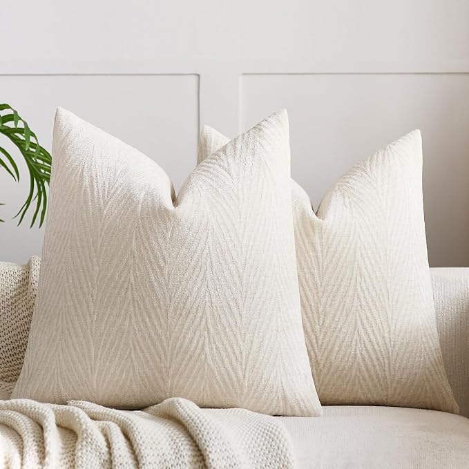 Summer Pillow Covers 18x18 Inch Set of 2, Soft Decorative Throw Pillow Covers with Leaves Texture, Hidden Zipper for Home Sofa Bed Couch (Beige, 18" x 18" (Pack of 2))