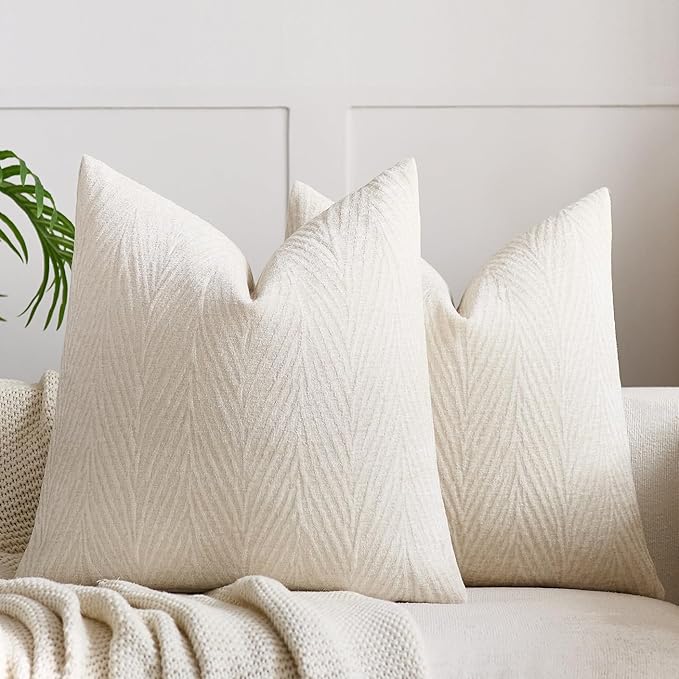 Summer Pillow Covers 16x16 Inch Set of 2, Soft Decorative Throw Pillow Covers with Leaves Texture, Hidden Zipper for Home Sofa Bed Couch (Beige, 16" x 16" (Pack of 2))