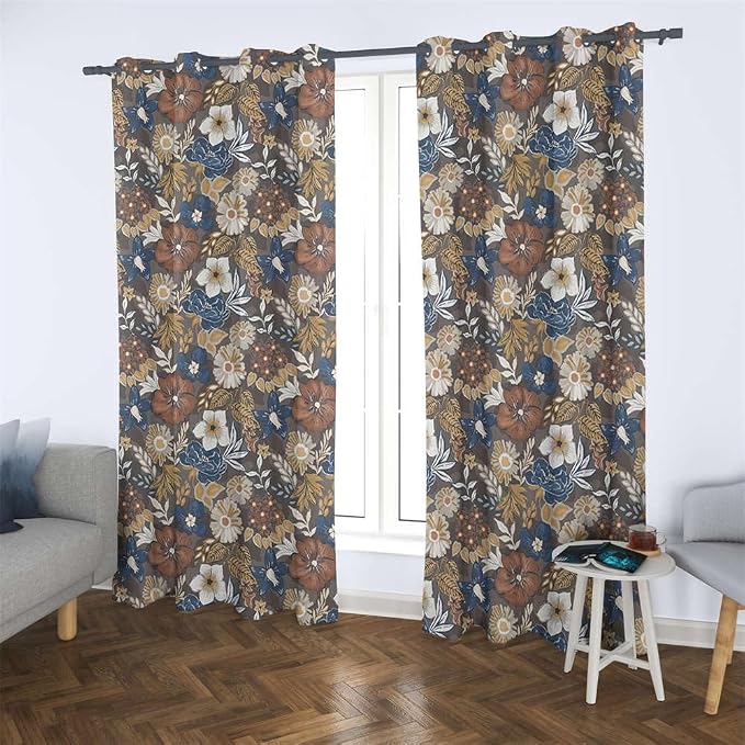 Renaiss Bohemian Floral Blackout Curtains, Blue Brown White Flower Thermal Insulated Bedroom Window Curtains, Boho Style Patterned Window Drapes for Living Room, 96" L x 42" W 2 Panel Set