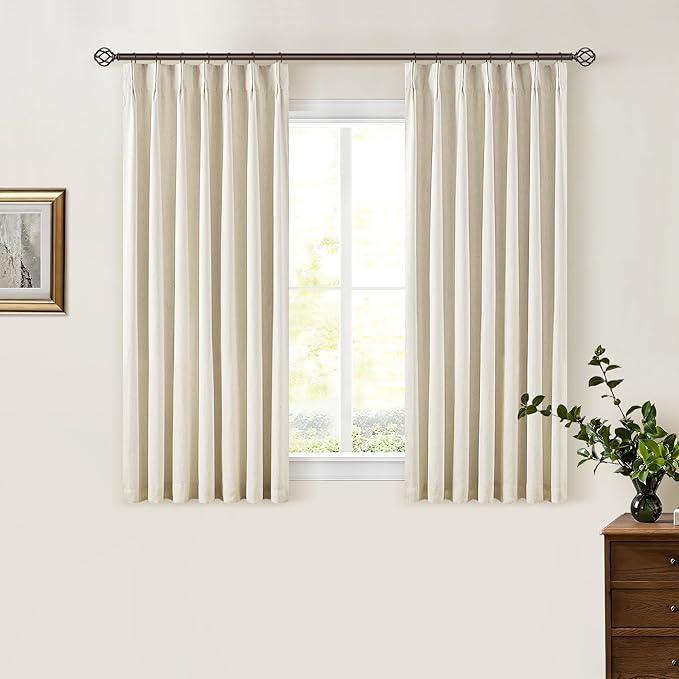Beige Blackout Cafe Curtains 45 Inch Length 2 Panel Set Pinch Pleated Back Tab Linen Blend Black Out Short Curtains Boho Farmhouse Thermal Insulated Small Window Drapes for Bathroom Kitchen RV