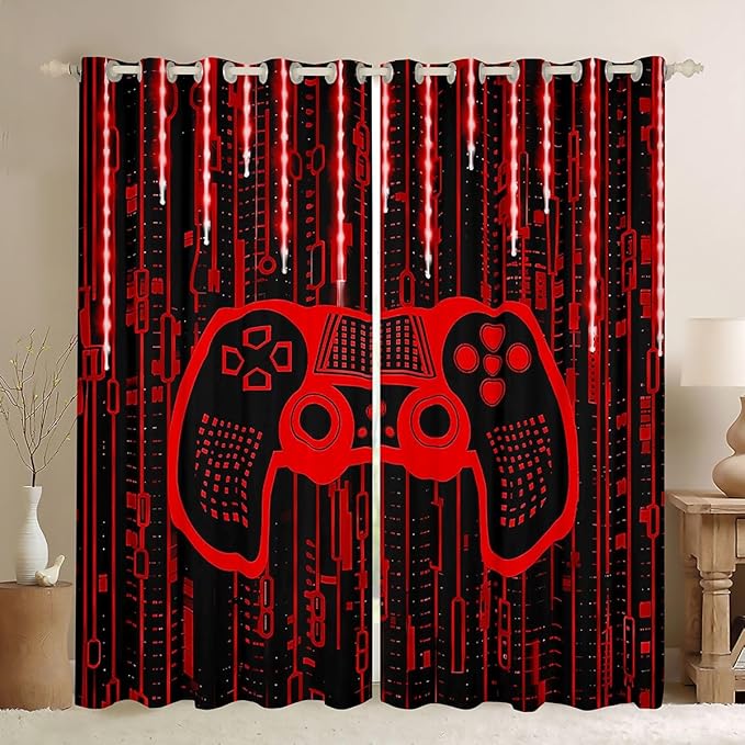 Feelyou Kids Boys Red Gamer Window Curtains Light 3D Gaming Darkening Drapes Gamer Blackout Curtains for Gamepad Window Treatments Modern Game (2 Panels, 42 x 63 Inch)