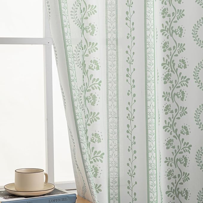 Light Sage Green and White Vine Spring Curtains for Living Room, Cottage Core Floral Pattern Light Filtering Sheer Window Panels for Bedroom Kitchen, 84 Inches Long