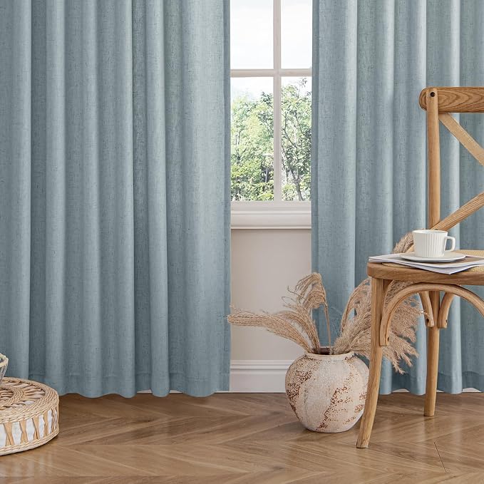 MIULEE Non-See-Through Privacy Linen Curtains 2 Panels, Light Filtering Window Curtains Farnhouse Textured Back Tab Semi Sheer Drapes for Bedroom Living Room, 52 x 96 Inches Long, Stone Blue