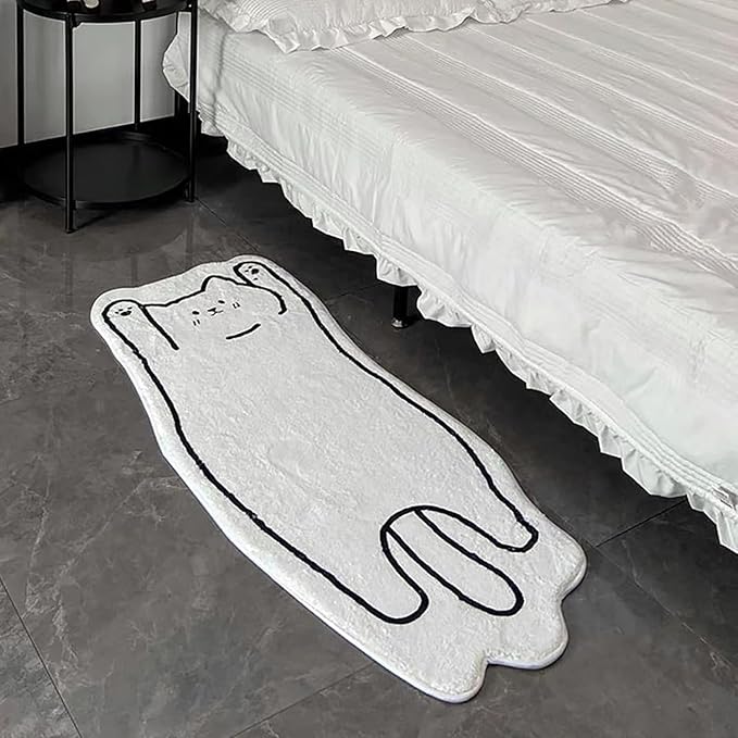 Cat Rugs, 1.3' X 3.9' Small Cute Irregular Shaped Rug for Bedroom Bathroom Room, Funny Cartoon Pet Area Carpet Kid Rugs, Cat Decor Dog Shaped Pet and Children Entryway Runner Rug (B White Cat)