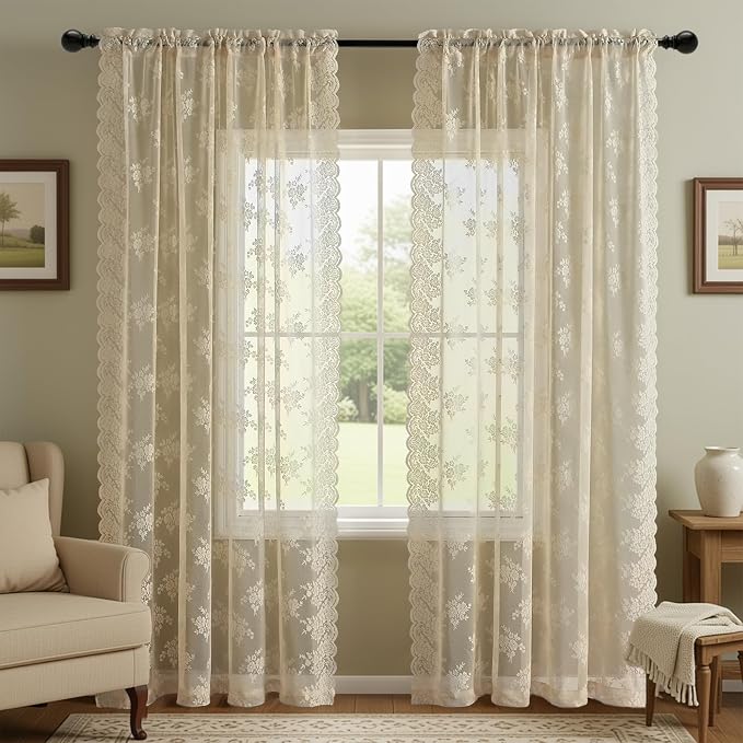 Kotile Beige Sheer Curtains 96 Inche Long for Living Room, 2 Panels Country Rustic Floral Retro Cream Lace Curtains for Bedroom, Rod Pocket Privacy Light Filtering Window Curtain Drapes 8FT, 52x96 in