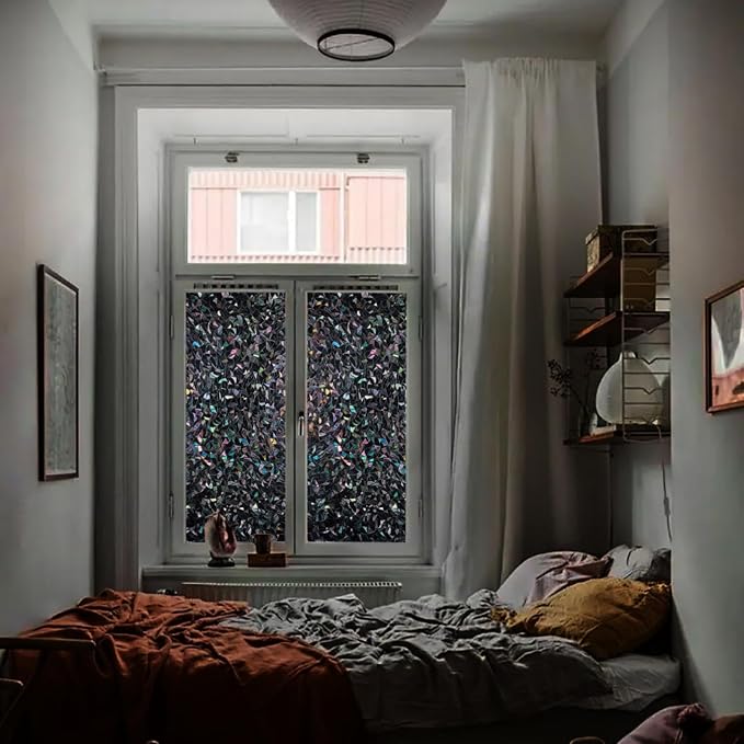 Finnez Blackout Window Privacy Film Rainbow Decorative Window Film, 3D Static Stained Glass Cling Tint for Room Darkening Day Sleep Non-Adhesive, 35.4 x 78.7 inches