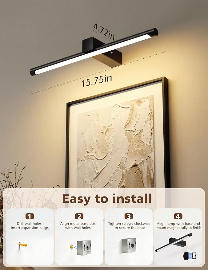 VOLISUN 15.7'' Picture Lights for Wall, 4000mAh Rechargable Picture Light Battery Operated, 3 Color Temperatures & Stepless Dimmable, 145LM Art Light for Paintings, Gallery, Portrait, 2 Pack (Black)