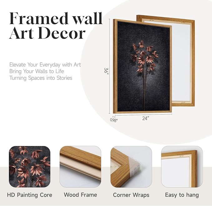 3 Piece Framed Moody Floral Wall Art for Dining Room, Large Vintage Botanical Canvas Artwork for Walls, Dark Black Retro Flower Picture Prints Paintings for Living Room Kitchen Decor, 24x36 Inch