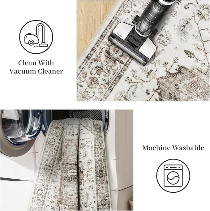 Roxstand 5x7 Area Rugs, Stain Resistant Machine Washable Area Rugs with Non-Slip Backing, Vintage Rugs for Bedroom, Living Room, Large Soft Low Pile Area Rug (White/Brown, 5'x7')
