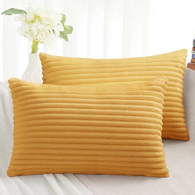 Simmore Decorative Fall Throw Pillow Covers 12x20 Set of 2, Soft Natural Plush Flannel Double-Sided Fluffy Rectangle Pillow Covers for Couch Sofa Living Room, Mustard Yellow