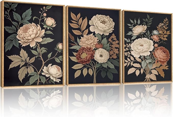 HOURIA Large Moody Dark Flower Framed Canvas Wall Art,Retro Beige Red Peony Wall Decor,Vintage Textured Blossom Botanical Artwork,Natural Wildflower Art Print for Living Room,Bedroom,Office-12 x16 x3