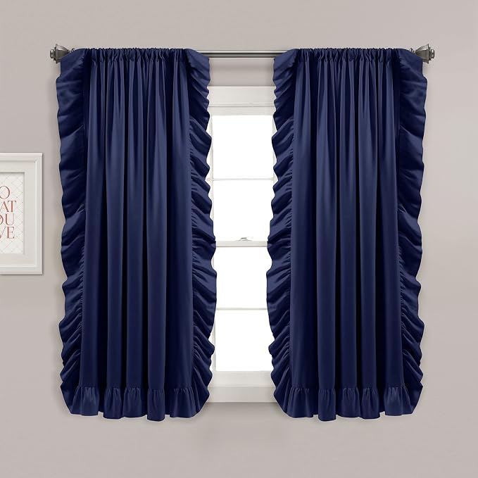 Lush Decor Reyna Ruffle Window Curtain Panel Set, Pair, 54" W x 63" L, Navy - Flowy Curtain Set - Romantic Ruffle Curtains for Bedroom, Living room, or Dining Room - Farmhouse & Cottage Home Decor