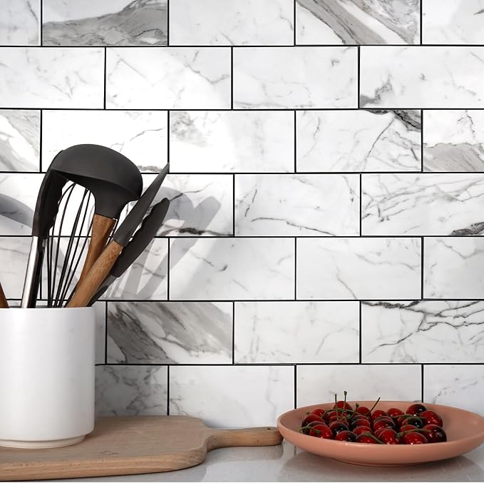 Vamos Tile 4-Piece Peel and Stick Backsplash Seamless Tile,3''x6'' Glossy Statury White with Dark Gray Grout Subway Tile,Stick on Backsplash for Kitchen/Bathroom/Laundry Room
