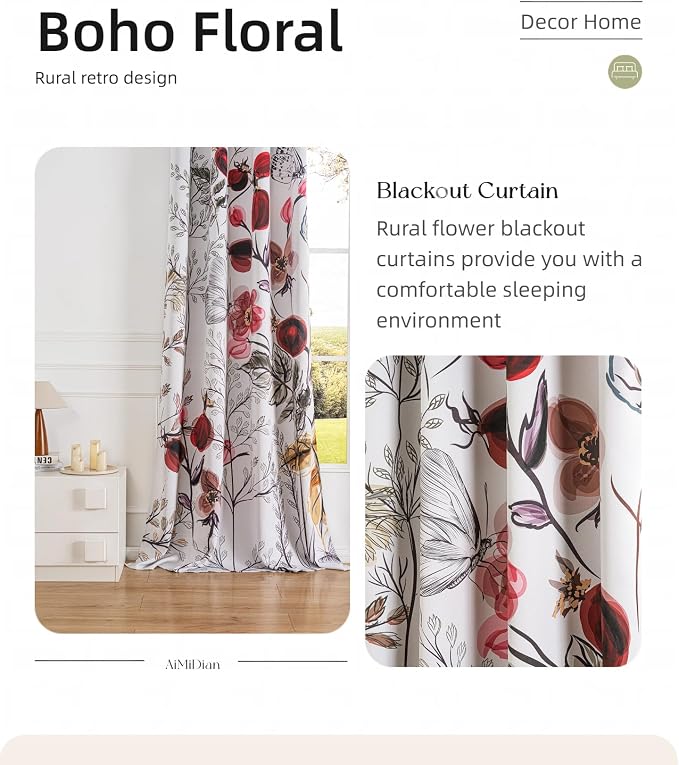 Vintage Floral Blackout Curtains 96 inch Long 2 Panel Set 52x96 inch, Wildflower Farmhouse Flower Pattern Printed Drapes Room Darkening Thermal Insulated Window Curtains for Bedroom Living Room Decor