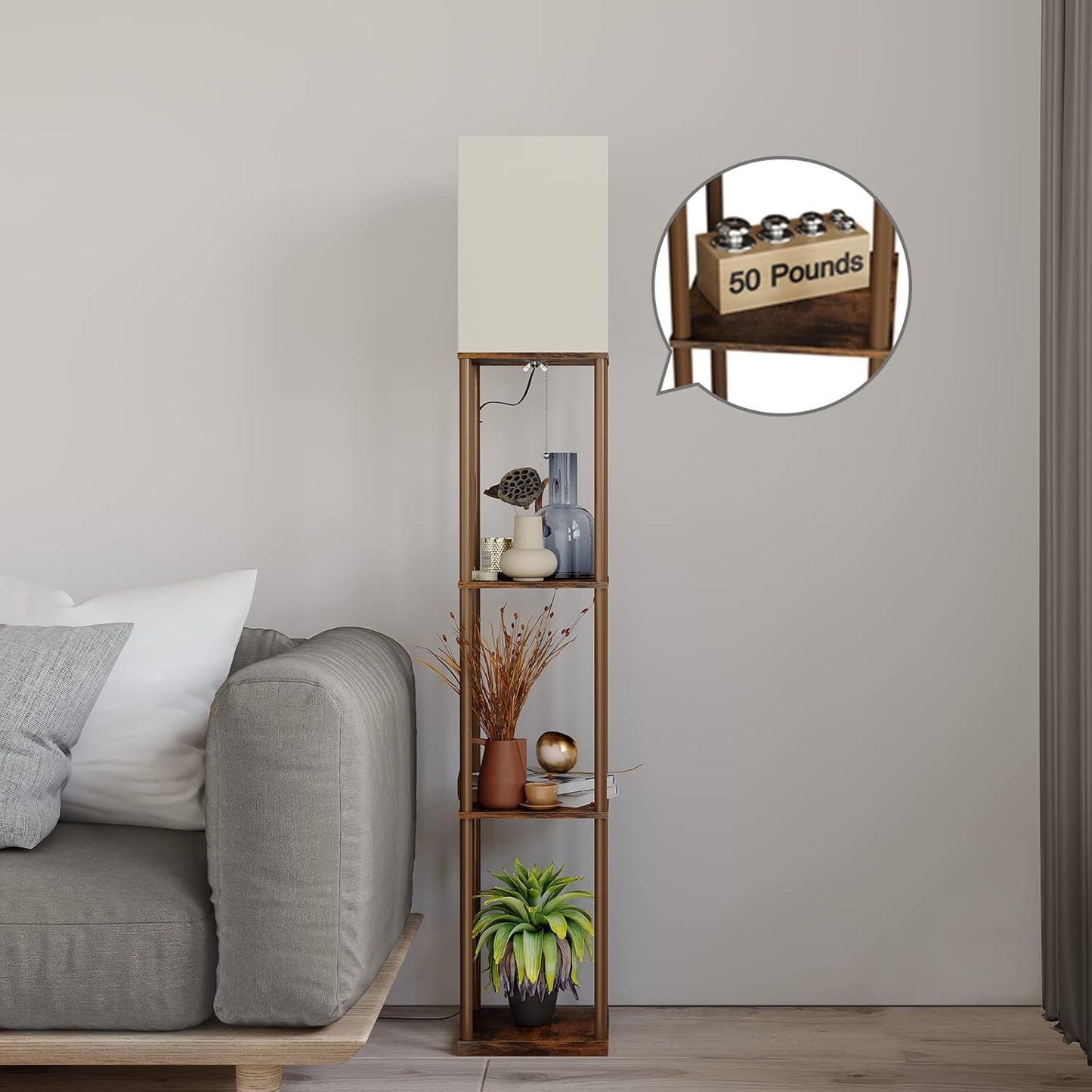 SUNMORY Floor Lamp with Shelves, Modern Square Standing Lamp with 3 Color Temperature Bulb, Corner Display Bookshelf Lamp for Living Room and Bedroom (Rustic Brown)