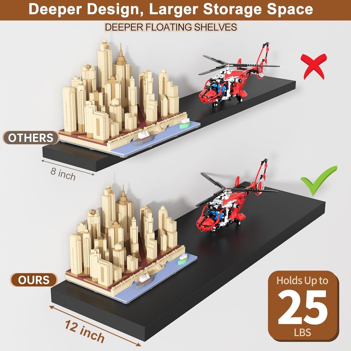 12 Inch Deep Floating Shelves for Wall 1 Pack Floating Shelves Large Storage Space Wall Mount Shelf for Living Room Kitchen Bathroom 30" W x 12" D x 1.2" H Black