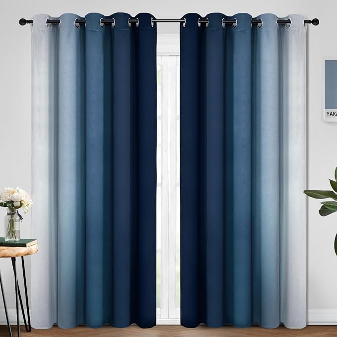 Yakamok Ombre Curtains Blue and Greyish White for Living Room,70Wx84L | Room Darkening Curtains 84,Thermal Insulated Gradient Color Drape,Light Blocking Grommet Window Curtains for Bedroom,2 Panels