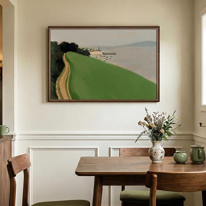 Vintage Framed Green Abstract Landscape Wall Art, Modern Minimalist Coastal Canvas Paintings Artwork for Walls, Rustic Nature Pictures for Living Room Bedroom Dining Room Office Wall Decor, 24x36 In