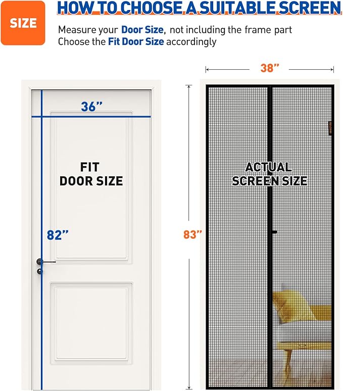 MAGZO Magnetic Screen Door Fit Door Size 36 x 82 Inch, Screen Size 38" x 83" Strong Magnet Door Mesh with Reinforced Hook & Loop for Patio Door, Front Door, Doorway, Black