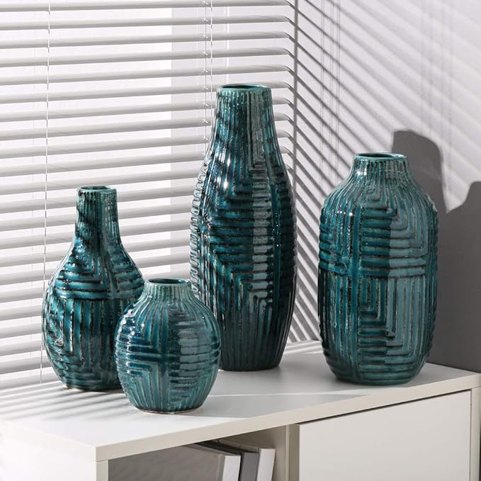 hjn Teal Hand-Glazed Ceramic Vase - 10.6" H Modern Decorative Centerpiece Vase for Fresh/Dried Flowers, Home Decor for Living Room Bookshelf Mantel | Wedding Housewarming Gift