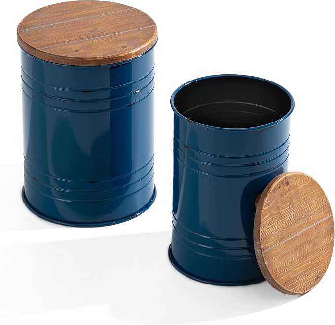Glitzhome Rustic Storage Ottoman Seat Stool, Farmhouse Nesting End Table, Galvanized Barrel Metal Accent Side Table Toy Box Bin with Round Wood Lid for Living Room, Set of 2, Navy Blue