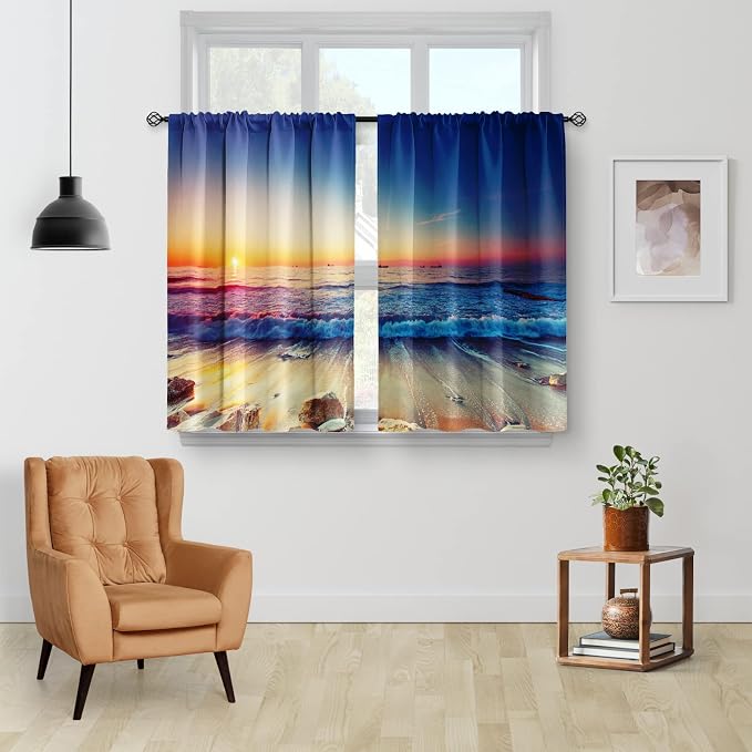Aimego Beach Sunset Country Kitchen Curtains - Rustic Summer Ocean Short Cafe Curtains Decor for Bathroom Over Sink Tier Tropical Scenery Hawaiian Rod Pocket Window Drapes 2 Panels Set 28"x30"